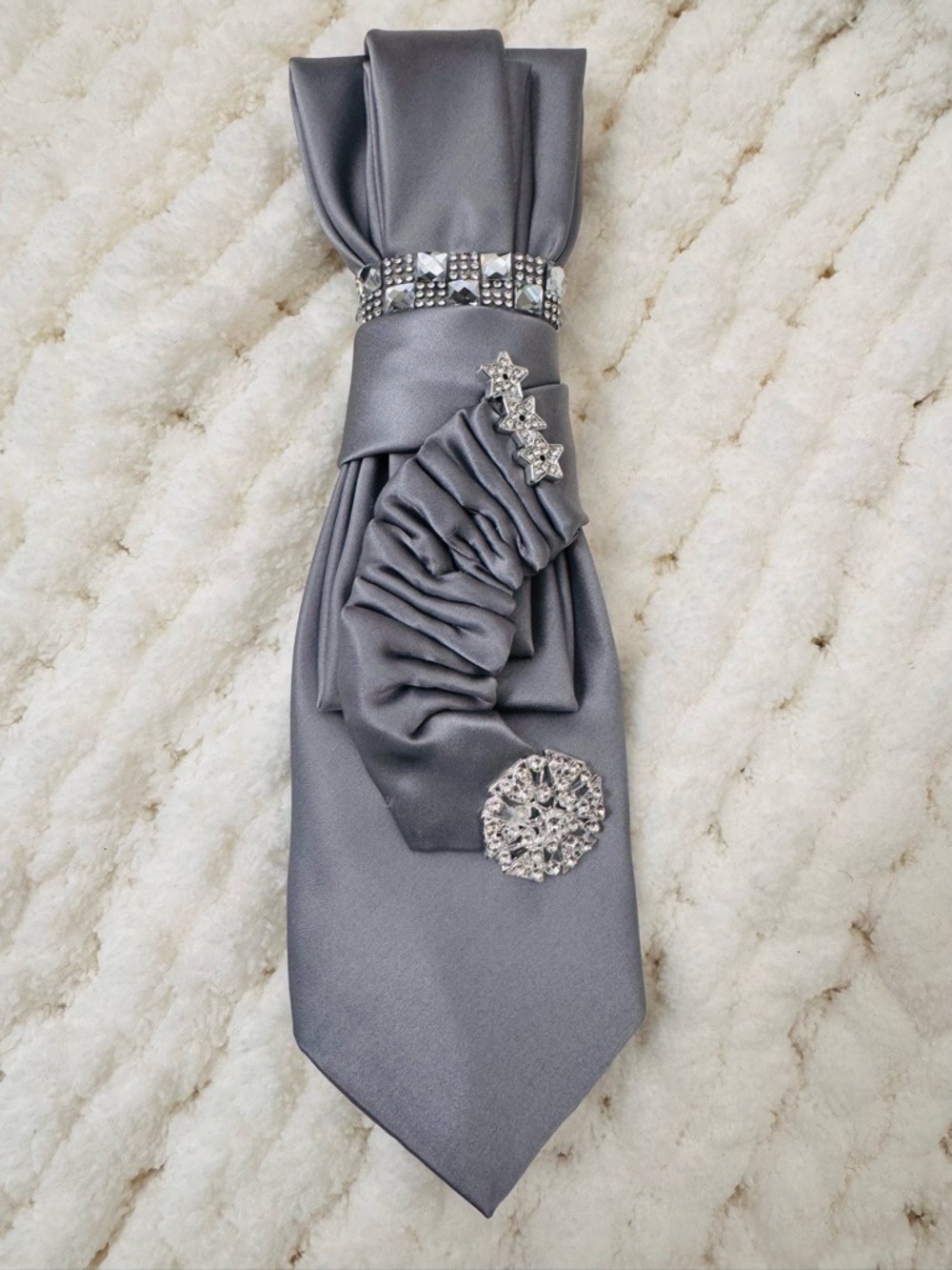 Women’s Silver Satin Formal Tie Necklace with Rhinestone Accents